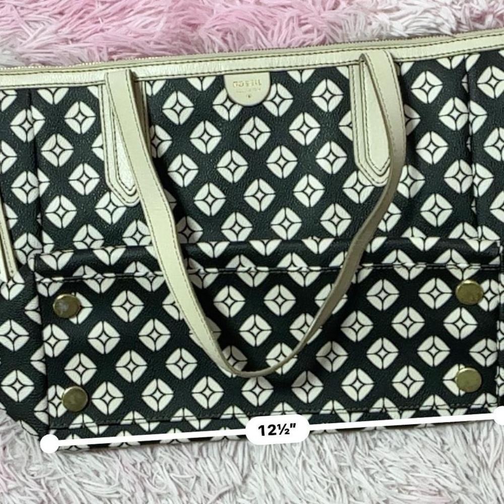 Fossil Tote‎ Bag Black White Geometric Print Coated Canvas Purse Handbag - Picture 4 of 8